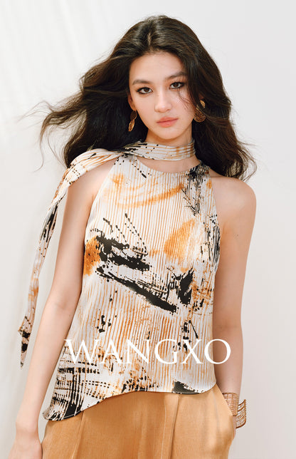WANGXO | Satin Oil-Paint Floral Shadow Silken Drape Top -EVELISE.