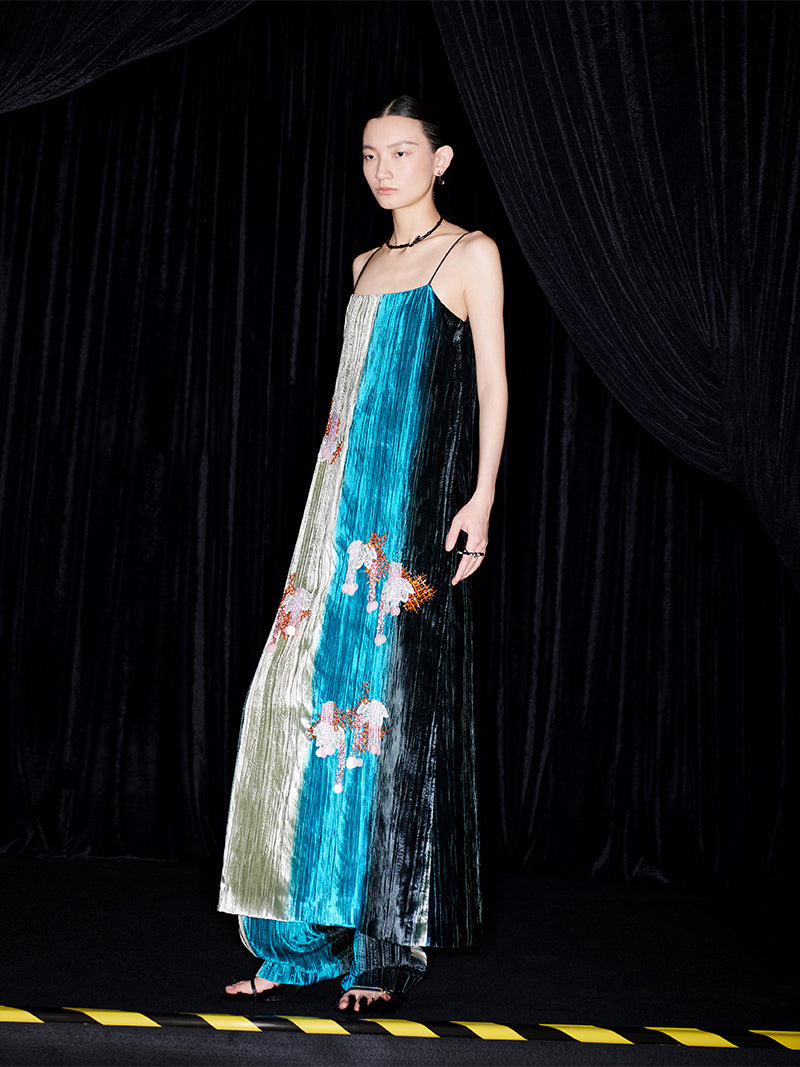 M essential Mackay designer hand-painted tassel embellishment slip dress pant set - Sanui Sala.