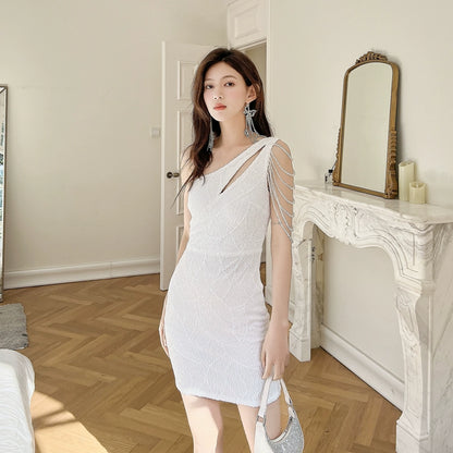 DOLLY Elegant Slant Collar Sleeveless Splice Sequin Slim Fit Dinner Guest Dress-NANA