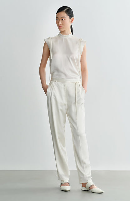 COMME MOI Lv Yan Designer Summer Acetate Satin Strappy White Tapered Pants -SUMMER.