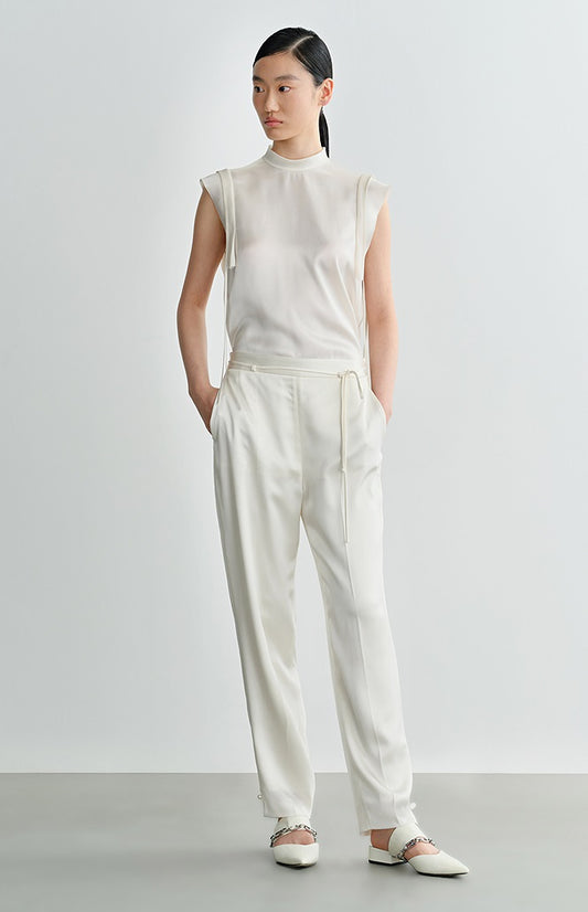 COMME MOI Lv Yan Designer Summer Acetate Satin Strappy White Tapered Pants -SUMMER.