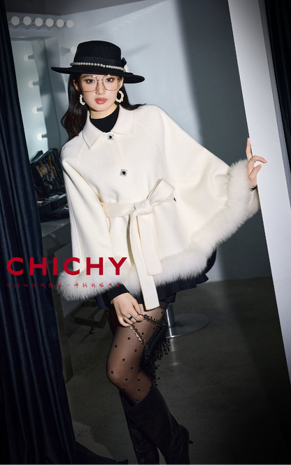 CHICHY white high-end loose reversible woolen cape coat-DOMI