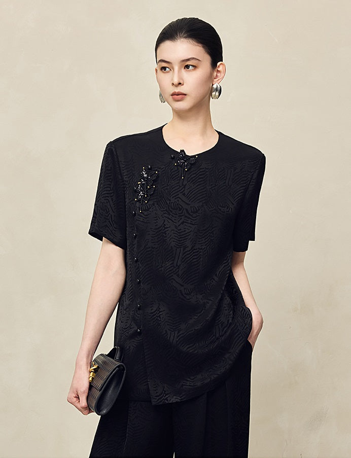 HECO Jacquard Round Neck Short Sleeve Black White Shirt Top Woman - GRACE.