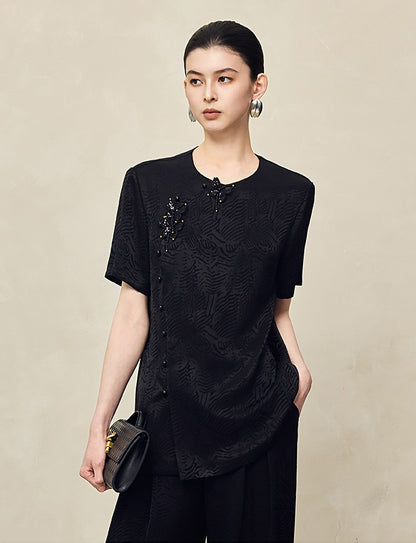 HECO Jacquard Round Neck Short Sleeve Black White Shirt Top Woman - GRACE.
