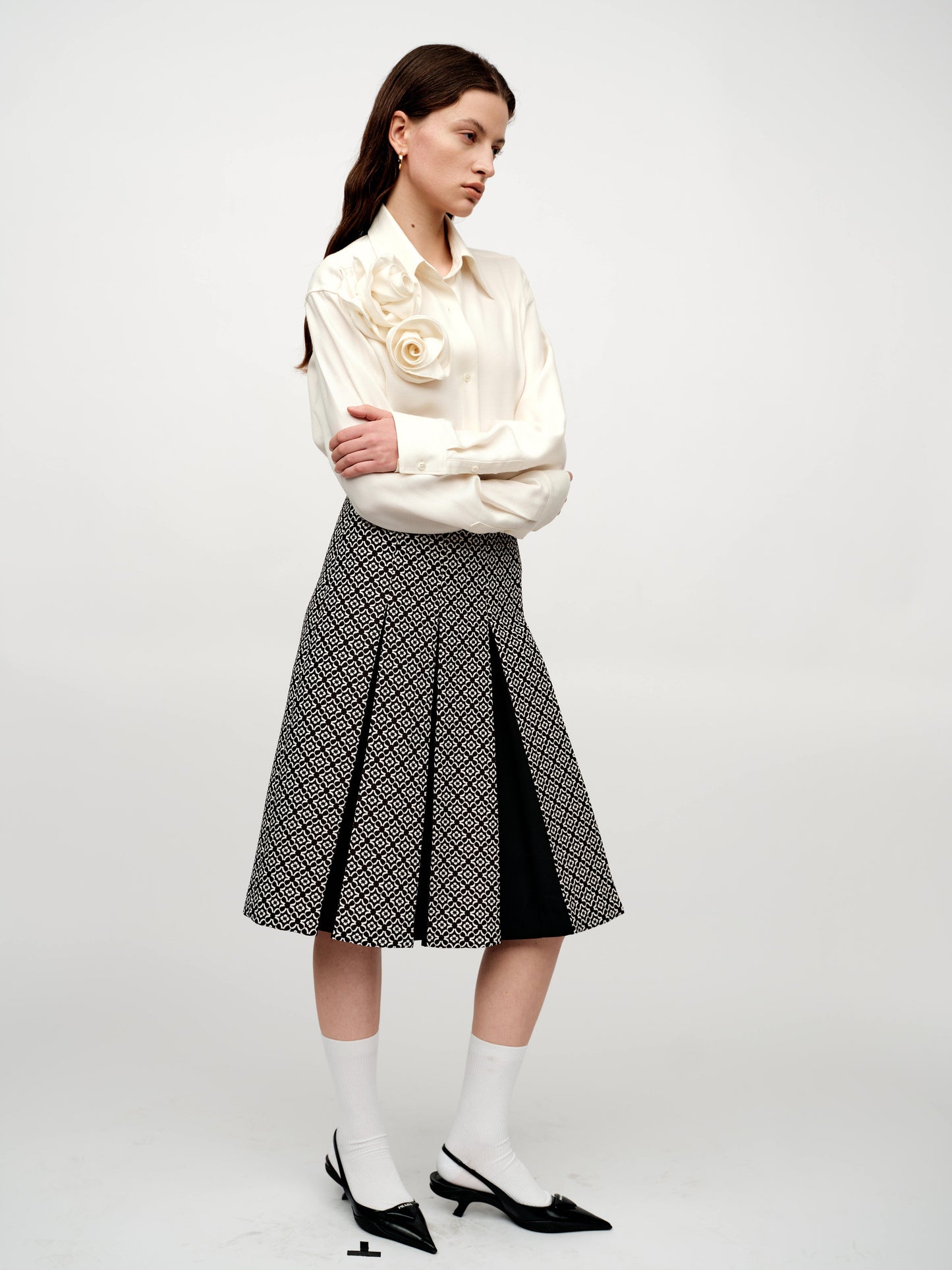 SERRER Black and white jacquard patchwork design pleated skirt - OLIVIA.