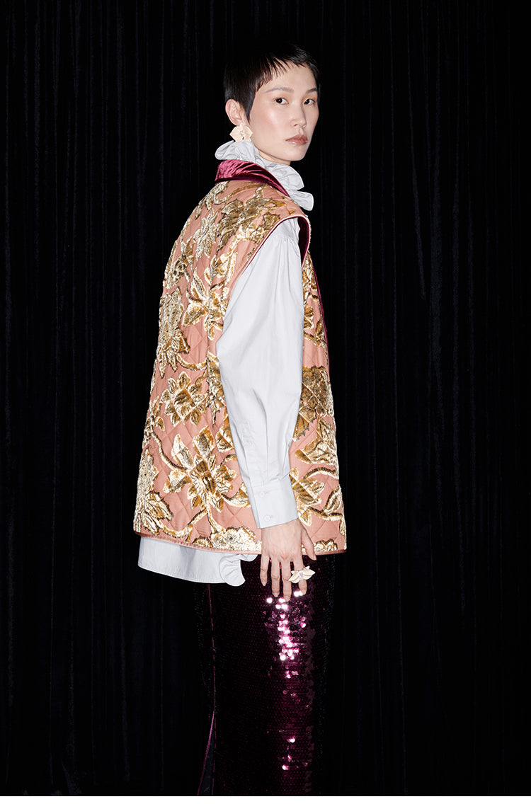 M essential Mackay designer embroidered quilted cotton gilet sequin long skirt-  lily of the valley