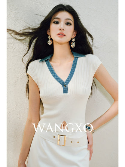 WANGXO | Soft Glutinous Knit & Contrasting High-Quality Denim V-Neck Slim Top -NIVA