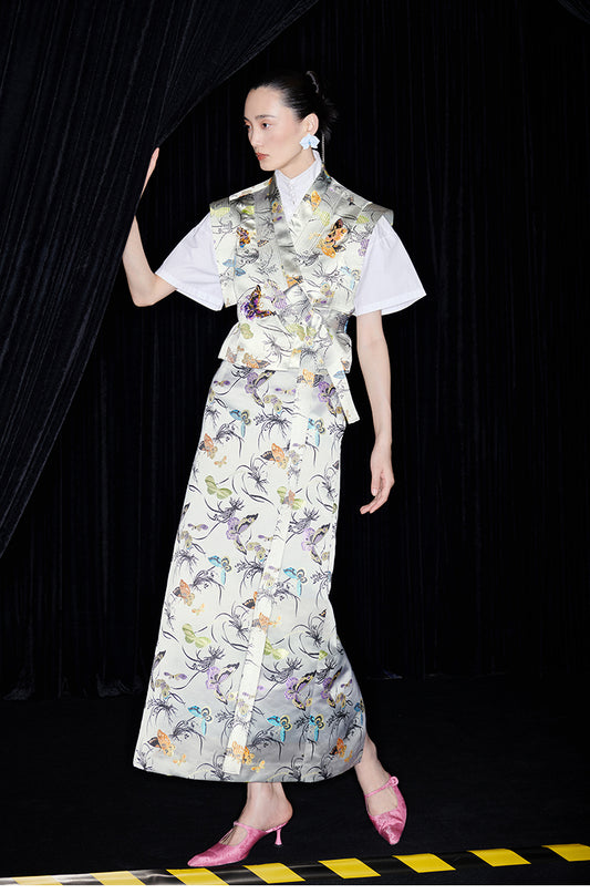 M essential Mackay designer butterfly beaded quilted cottonskirt vest shirt set - toes.