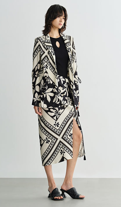 COMME MOI  black and white printed slit hip skirt - JENIFER.