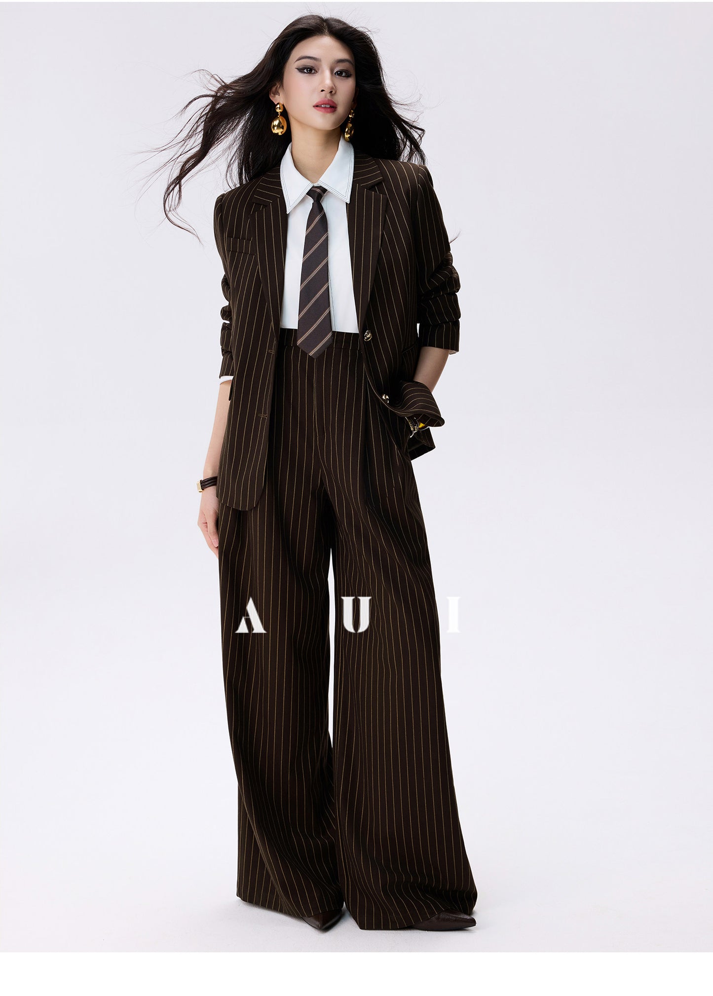 AUI Brown Striped Blazer Long Sleeve Polo Two-Piece Suit Skirt -  Haneul.