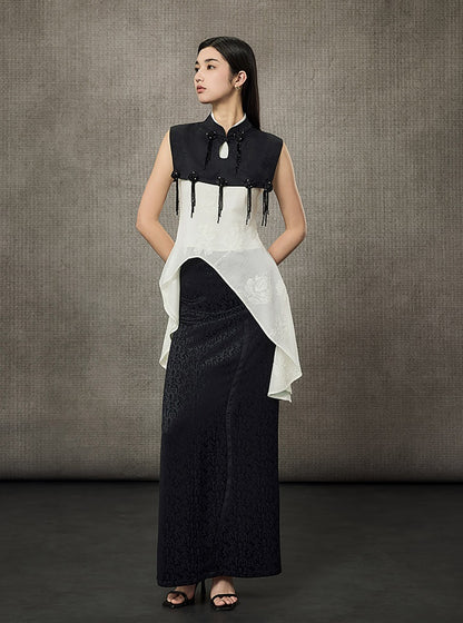 HECO Mock Collar Acetate Asymmetrical Wavy Side Halterneck Vest - DWELLS.