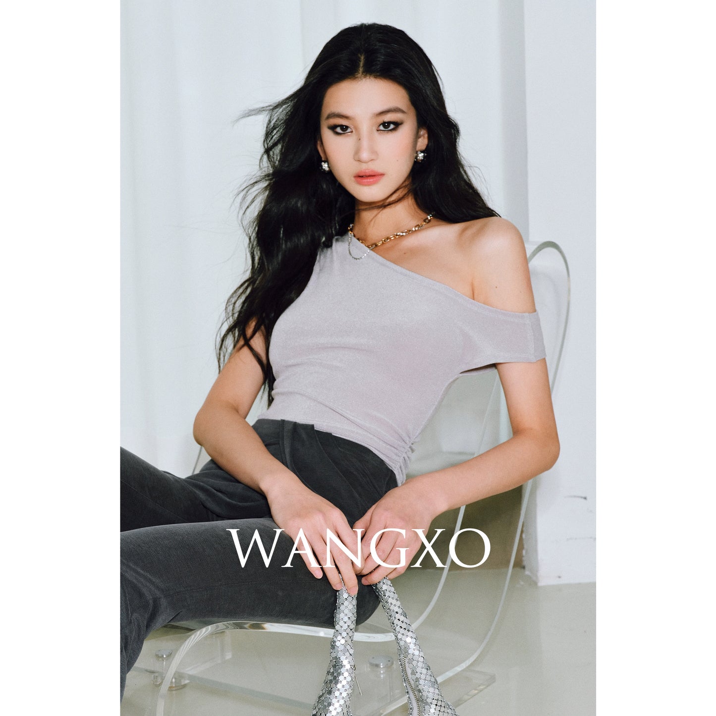WANGXO Brilliant Radiant Acetate Bright Silk Heavy Handmade Slanted Shoulder Top - NELLA