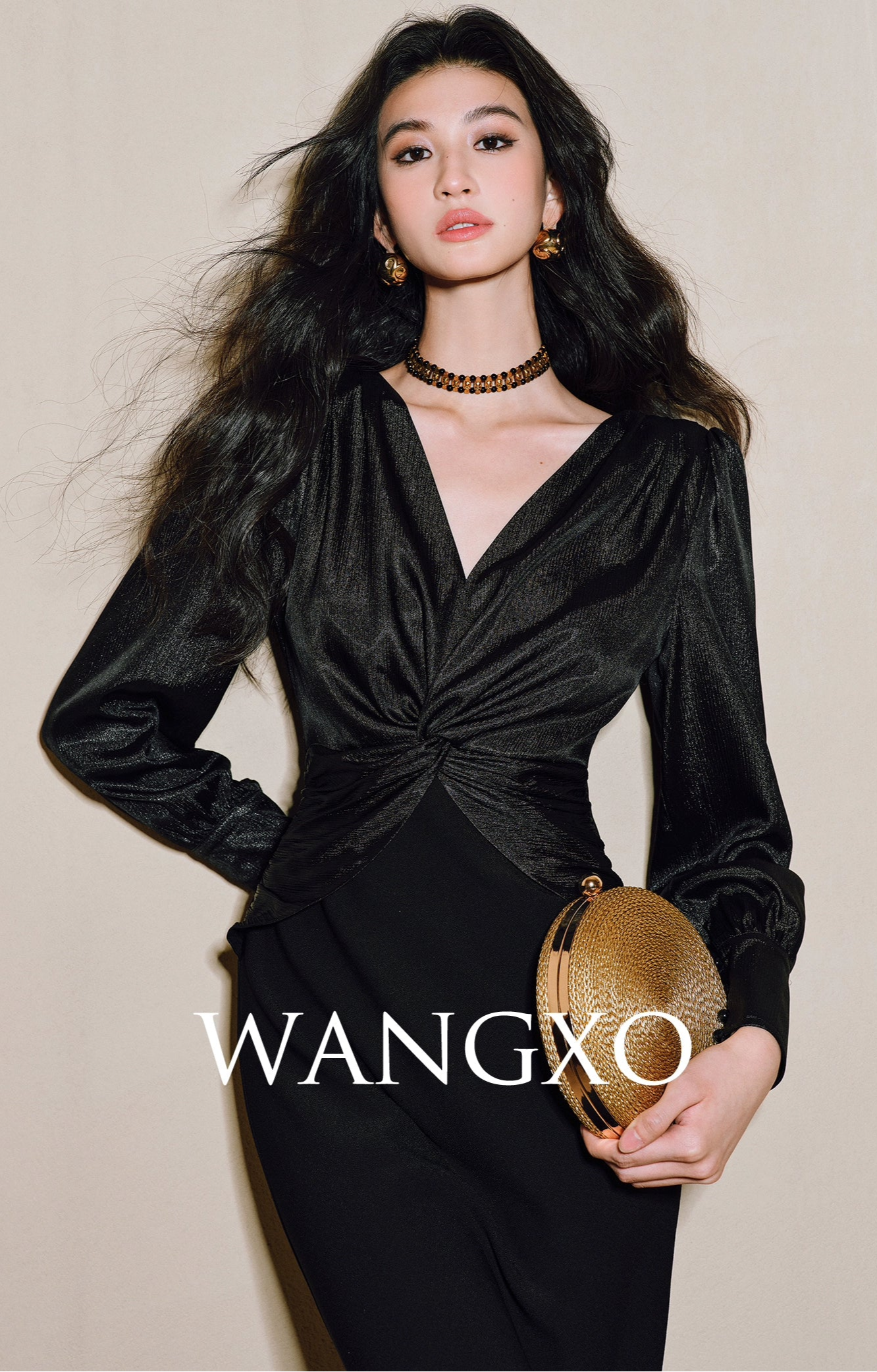WANGXO | Wrinkled Bright Silk Satin Hemp V-Neck Twisted Waist Slim Dress -ZAYA.