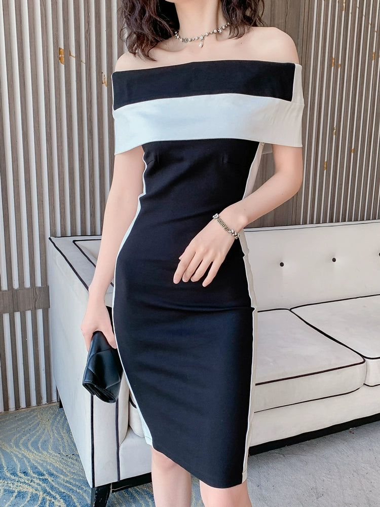 DOLLY Elegant Black and White Off Shoulder Short Sleeve Long Bandage Dress-MAZE