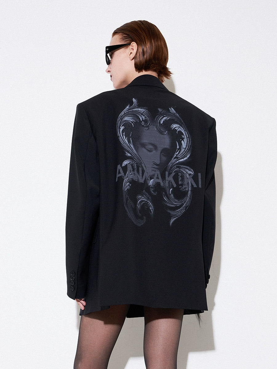 ANNAKIKI Niche Designer Black Wool Mottled Print Blazer Jacket-MATSUKI