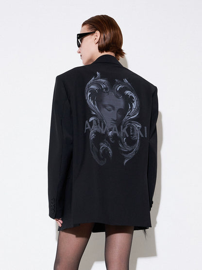 ANNAKIKI Niche Designer Black Wool Mottled Print Blazer Jacket-MATSUKI