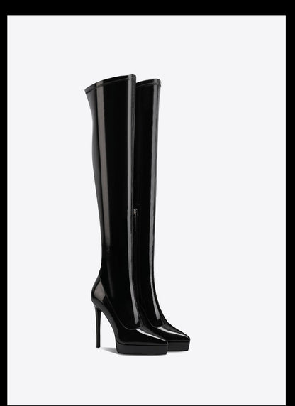 Fab-fei patent leather black over-the-knee autumn/winter waterproof platform pointed toe sexy stiletto boots