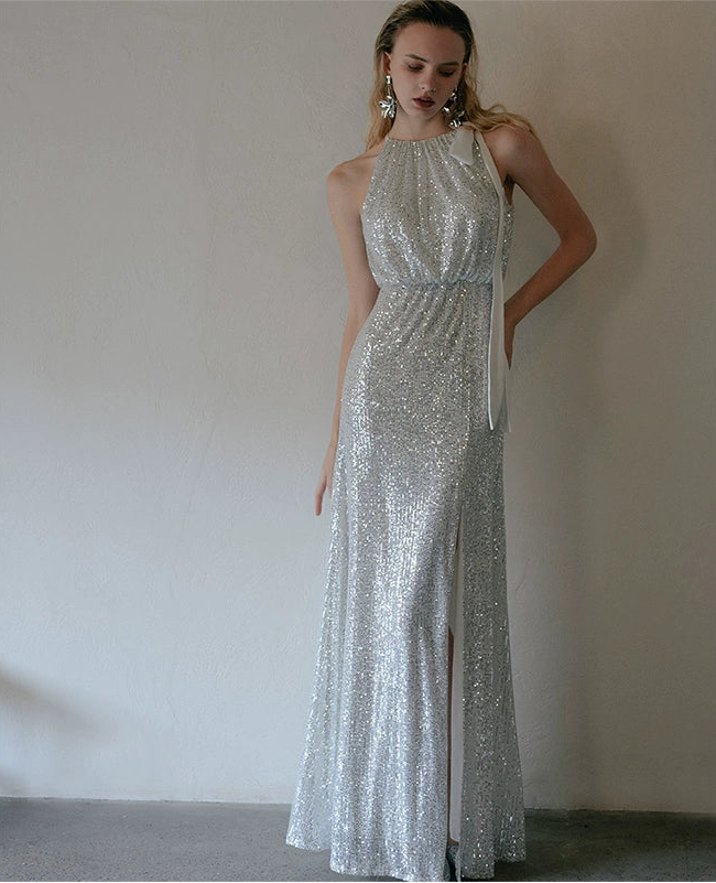 GOUDIN women's evening sleeveless side slit dress-HALTS.