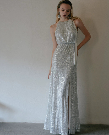 GOUDIN women's evening sleeveless side slit dress-HALTS.