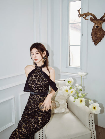 DOLLY Luxury Black Lace Sleeveless Halter Neck Slim Fit Midi Formal Dinner Dress-ANGELA