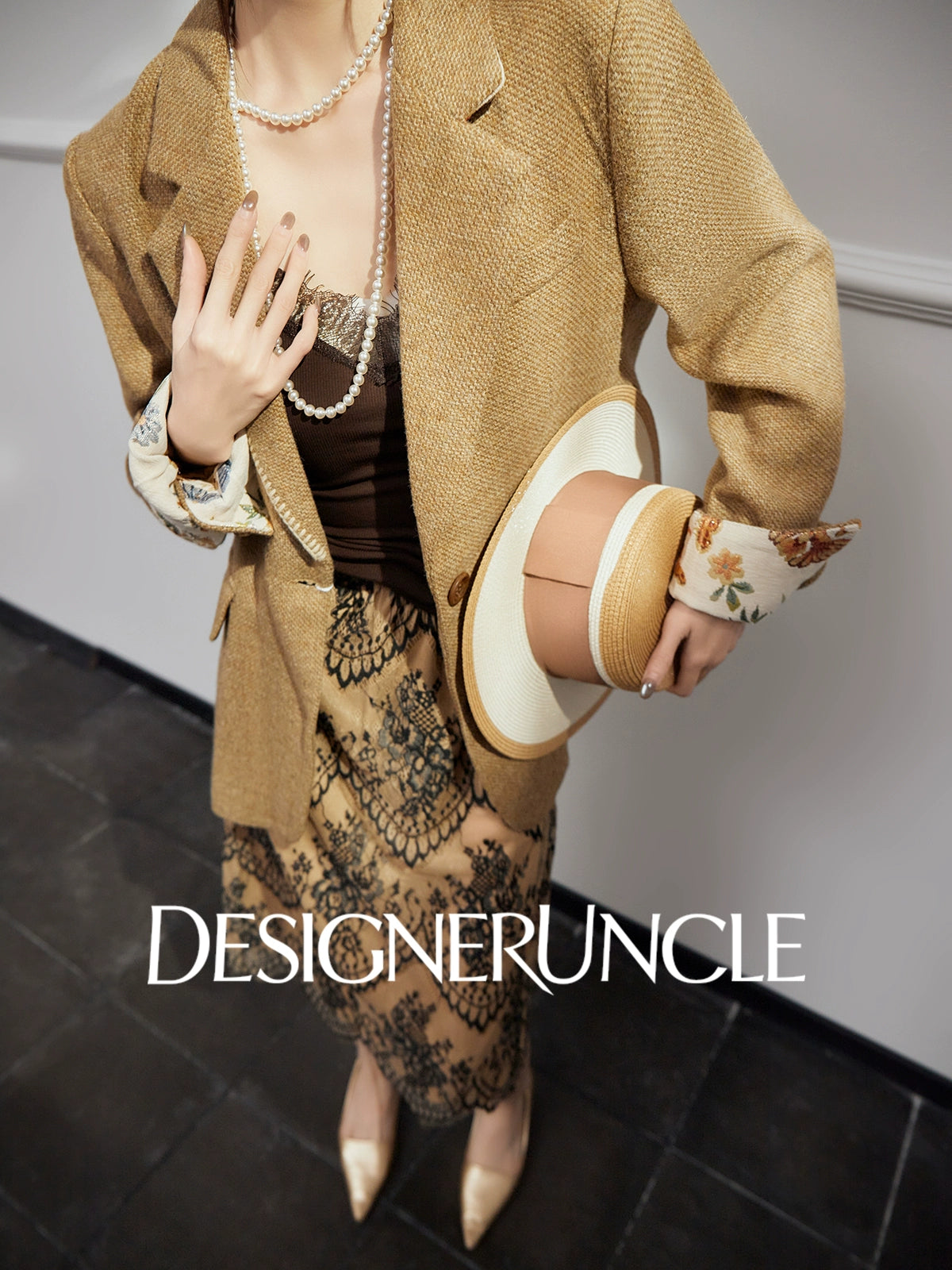 DGU| Coffee Suit Single-Breasted V-Neck Knitted Cardigan Woven Hip Skirt Set - MAKER.