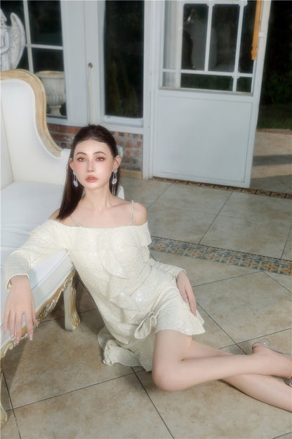 Wardrobes by Chen Elegant Beige Golden Strap Long Sleeve Ruffle Party Dress-TRUDY