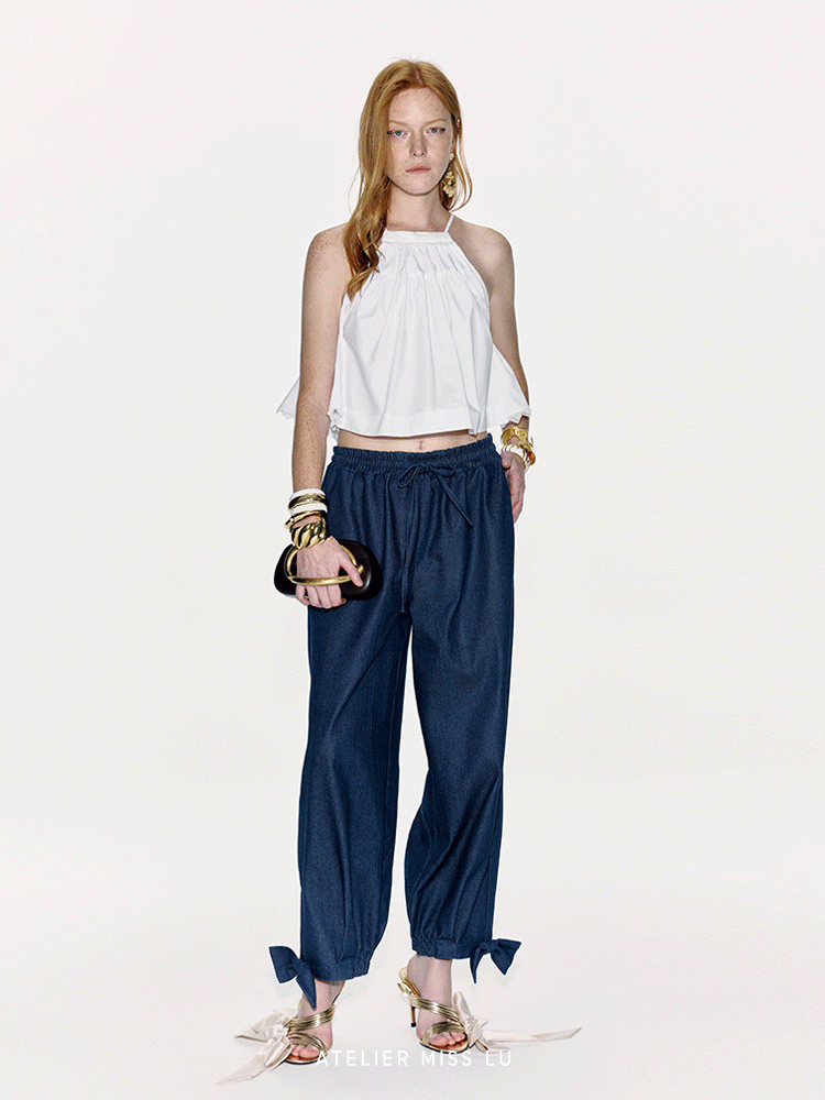 ATELIER MISS LU Bow-embellished Denim Cuffed Pants- KINGDOM.