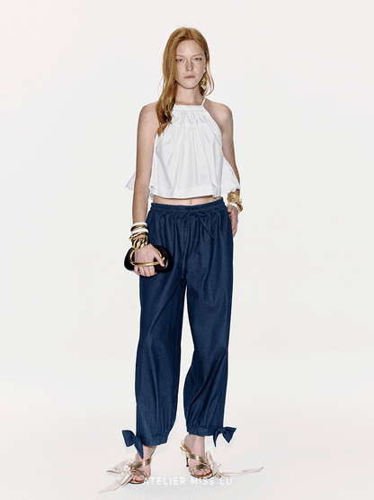 ATELIER MISS LU Bow-embellished Denim Cuffed Pants- KINGDOM.