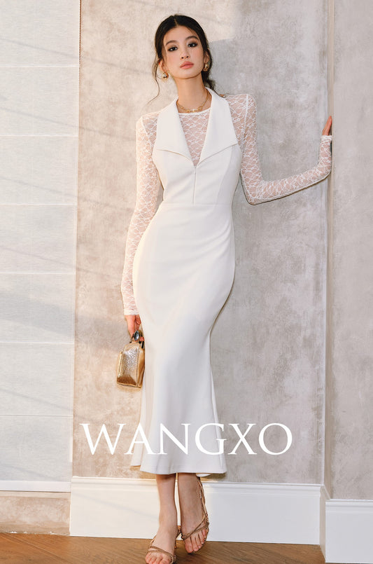 WANGXO | Two-Piece Patchwork Lace Elegant Halterneck Fishtail Dress -LINA.
