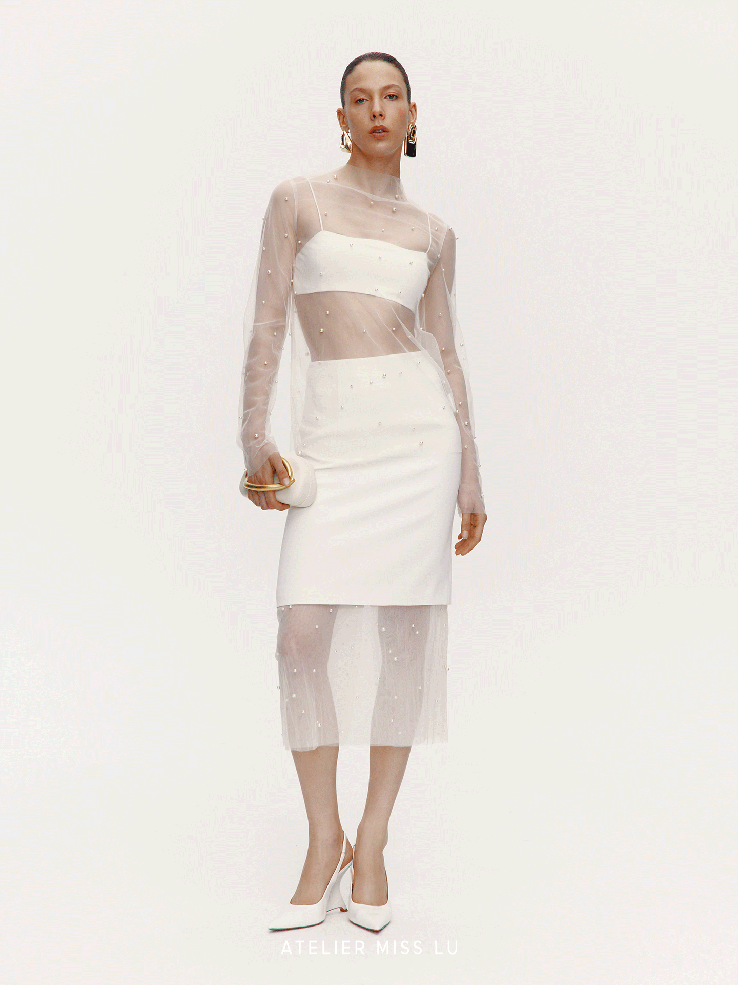 ATELIER MISS LU Pearl Embellished Gauze Spliced Straight Skirt - DRY.