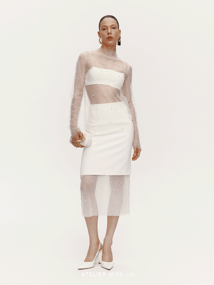 ATELIER MISS LU Pearl Embellished Gauze Spliced Straight Skirt - DRY.