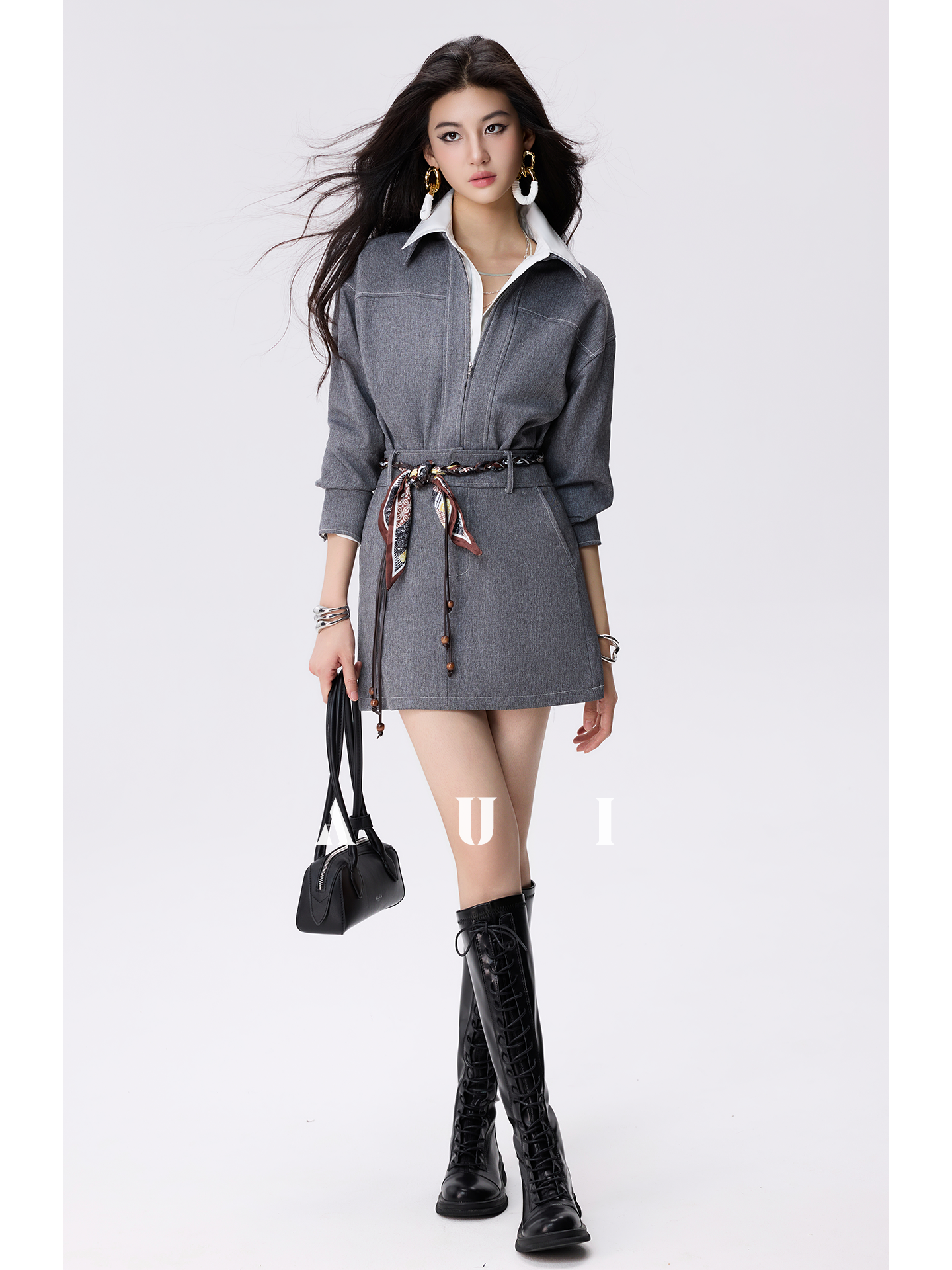 AUI Grey Zippered Lapel Jacket A-Line Hip Skirt Two-Piece Set - Choon-Hee.