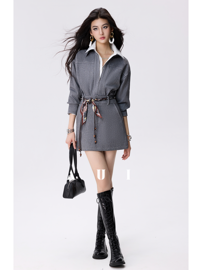 AUI Grey Zippered Lapel Jacket A-Line Hip Skirt Two-Piece Set - Choon-Hee.