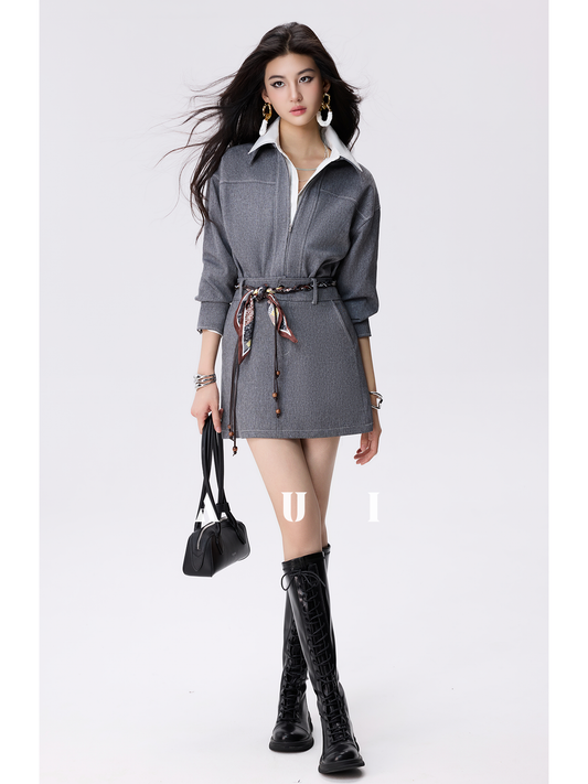 AUI Grey Zippered Lapel Jacket A-Line Hip Skirt Two-Piece Set - Choon-Hee.