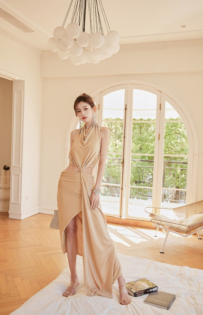 DOLLY High End Nude Swing Neck Sleeveless Waist Baring Irregular Hem Cocktail-LYLA