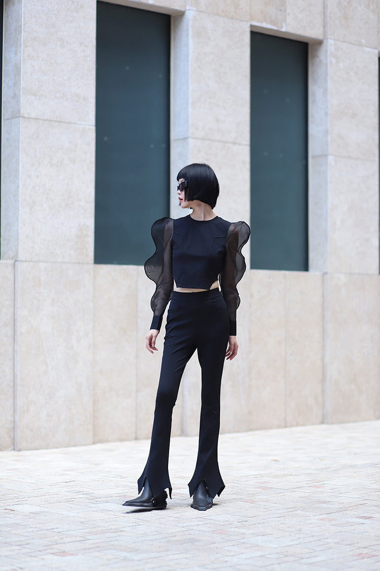 ANNAKIKI Niche Designer Black Star-Shaped Bootcut  Casual Pants-HINATA