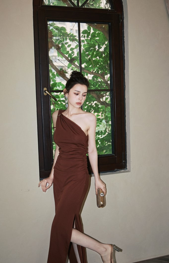 DOLLY High End Caramel Coffee Slant Collar Sleeveless High Waist Long Dinner Dress-CALYPSO  (V)
