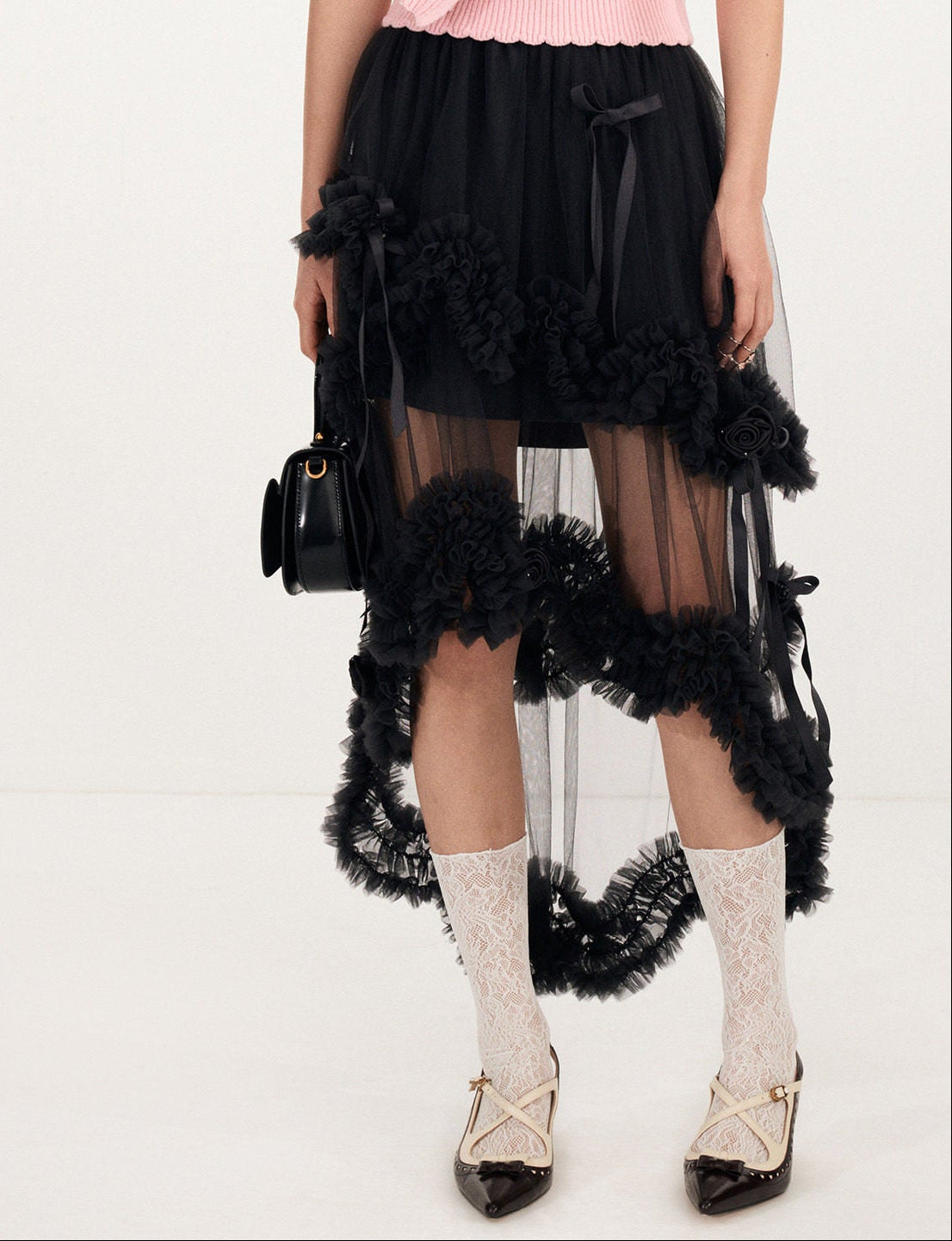 FAME Black Bow Lace Layered Mesh Cake Skirt - ARIANNA.