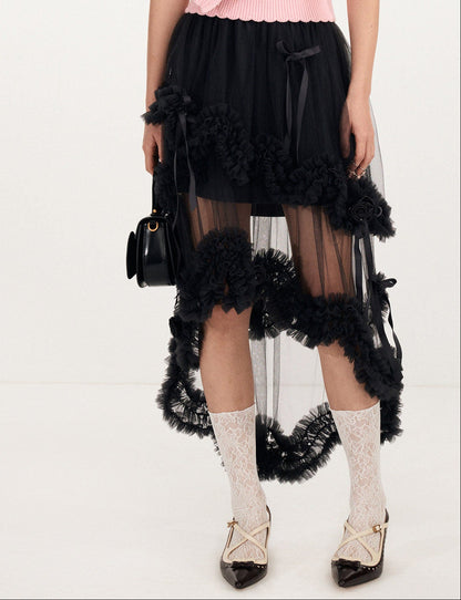 FAME Black Bow Lace Layered Mesh Cake Skirt - ARIANNA.
