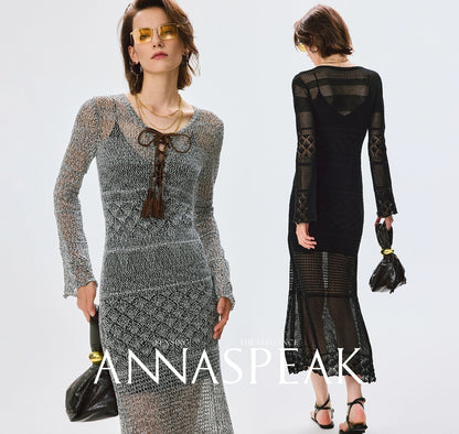ANNASPEAK Fringe Lace-up Slim Knit Dress- CHACHA.
