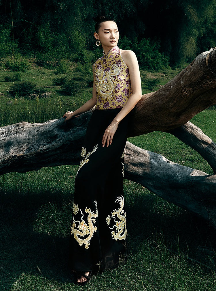 HECO Chinese Embroidery Golden Dragon Acetate Skirt - ALPHA.