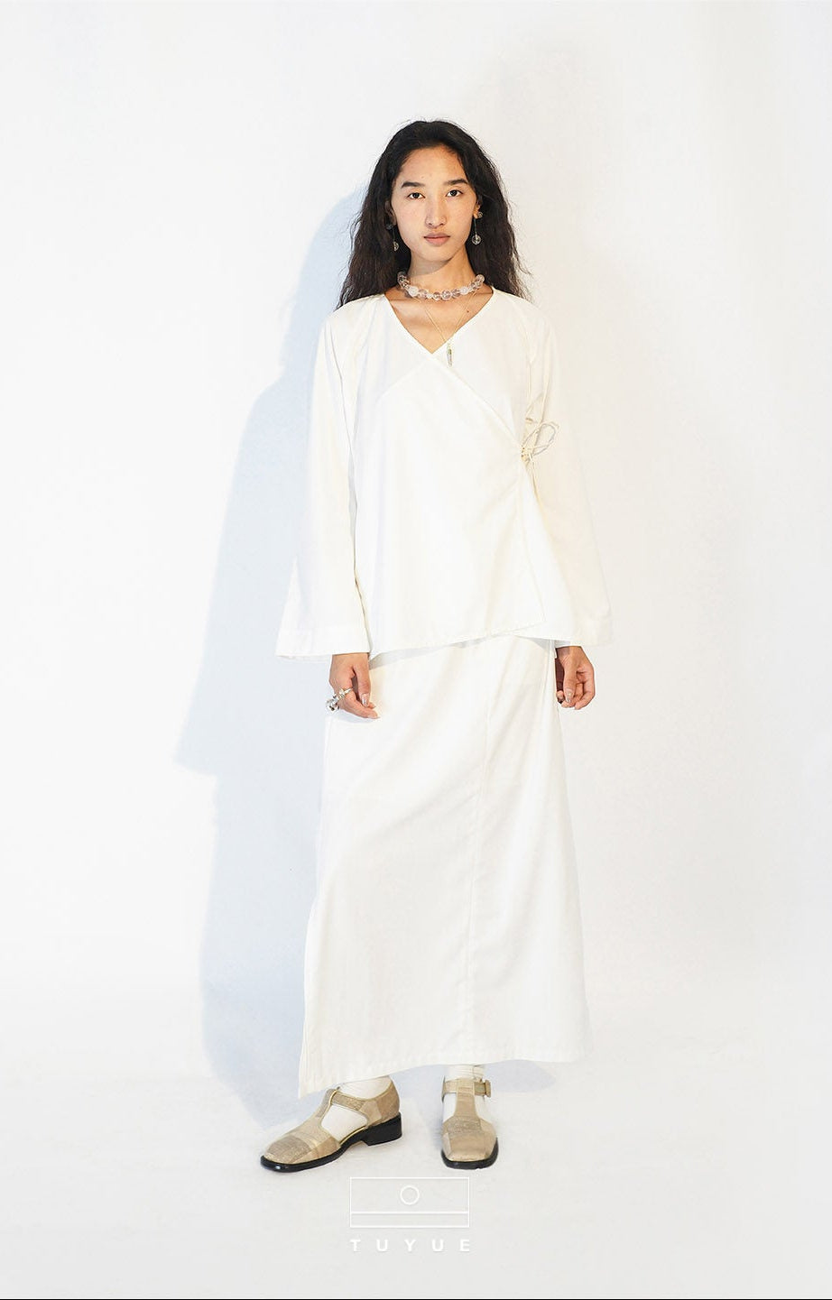 TUYUE V-neck slim flared sleeve lace-up wrap top - BELLA.