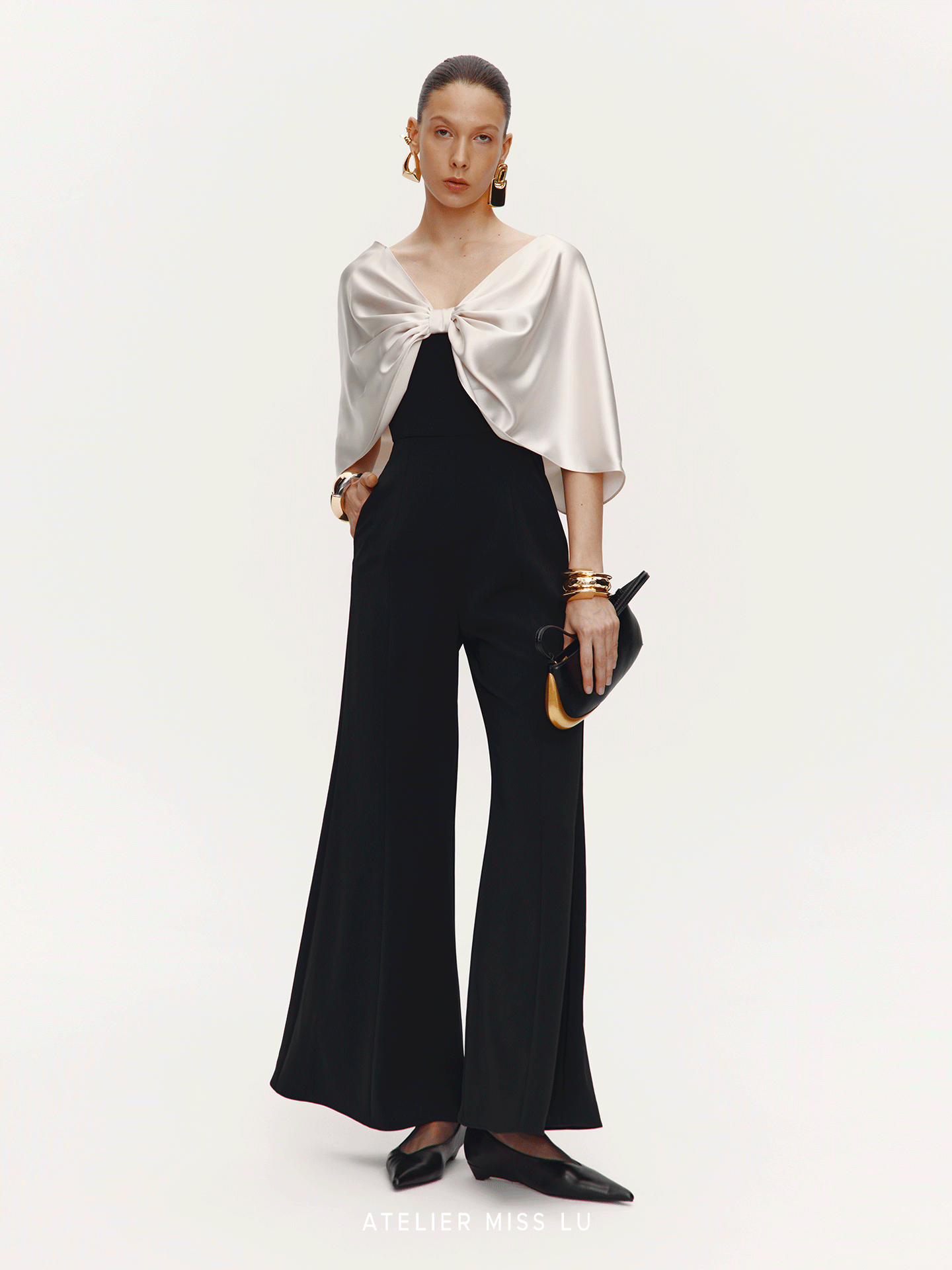 ATELIER MISS LU  Glossy Shawl Spliced Wide-leg Jumpsuit - WARM