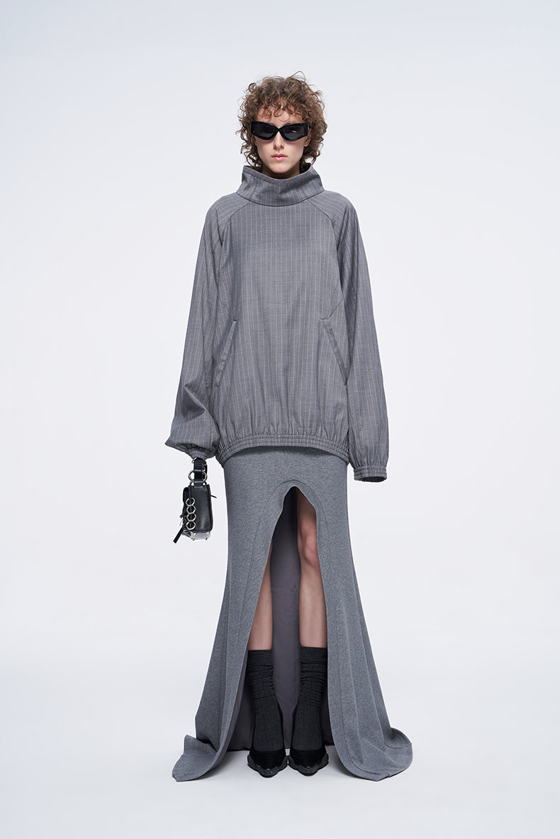 ANNAKIKI Gray Wool Casual Loose Pullover Stand Collar Top-EIKO