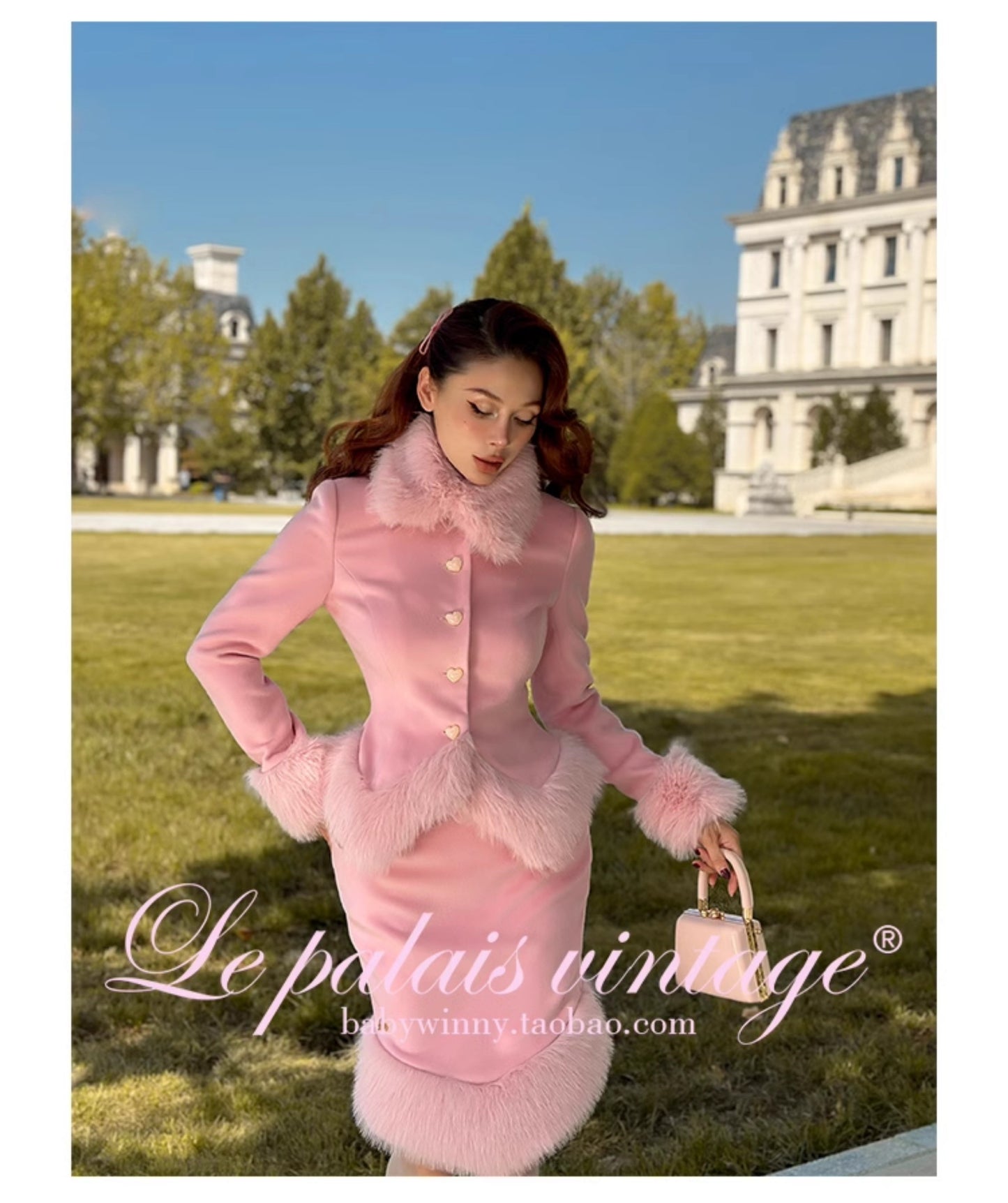Le Palais Vintage Elegant long sleeve pink fur collar two piece banquet suit- Fave