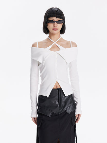 TINY IN crossover off-the-shoulder large lapel knitted long sleeve cut-out top-YOMI