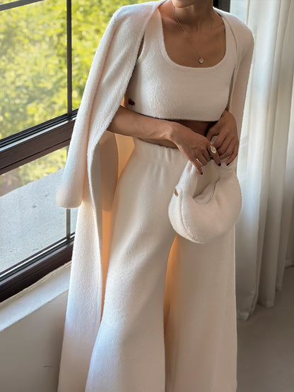 Le Palais Vintage Luxury White Fur Hand bag Plush Vest High Waist Wide-leg Pants Suit-Sonia