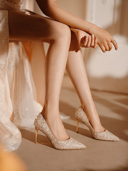 PJJUU champagne colored xiuhe pointed toe stiletto shoes  - EMLYN.