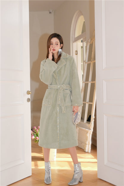 Wardrobes by Chen Elegant  Long Sleeve Velvet Diamond Chain Coat- Poie