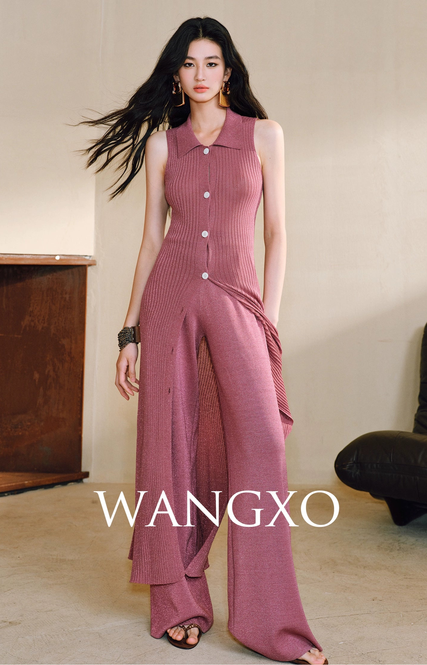 WANGXO Solaris Luxe Set Shaved Shoulder Cardigan & Wide-Leg Knit Pants - MAVIS